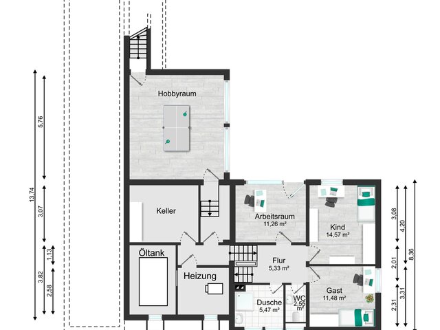 Grundriss mit 3 Zimmern im UG
